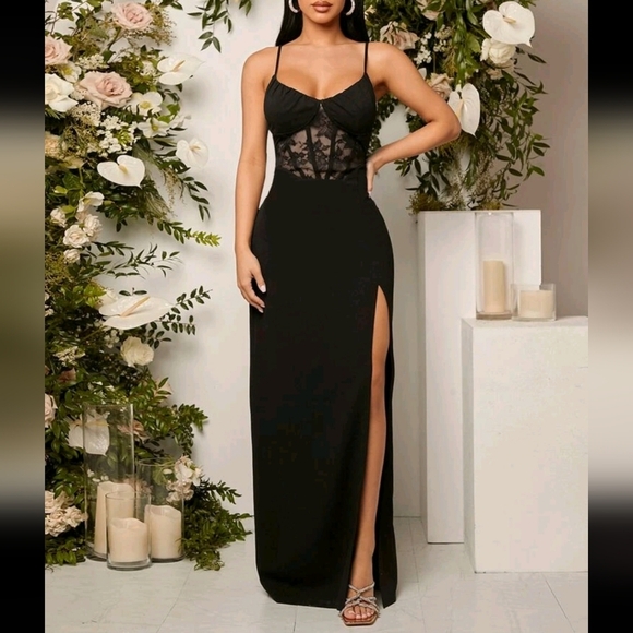 Contrast Lace Split Thigh Bridesmaid Dress Black Elegant Formal Evening Prom - Picture 1 of 4